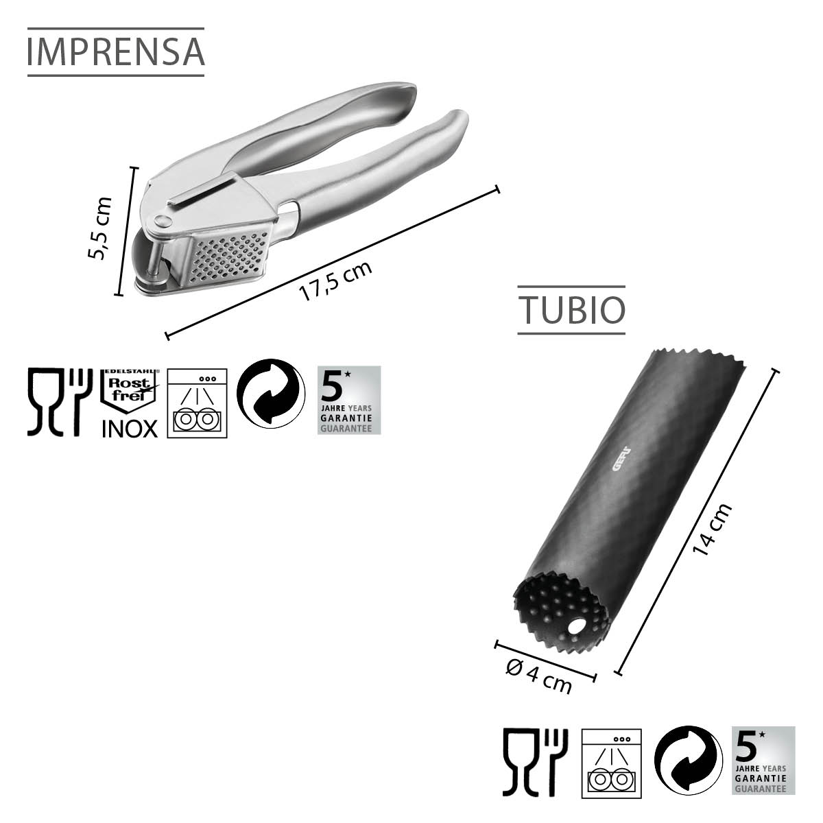Set: Knoblauchpresse IMPRENSA + Knoblauchschäler TUBIO