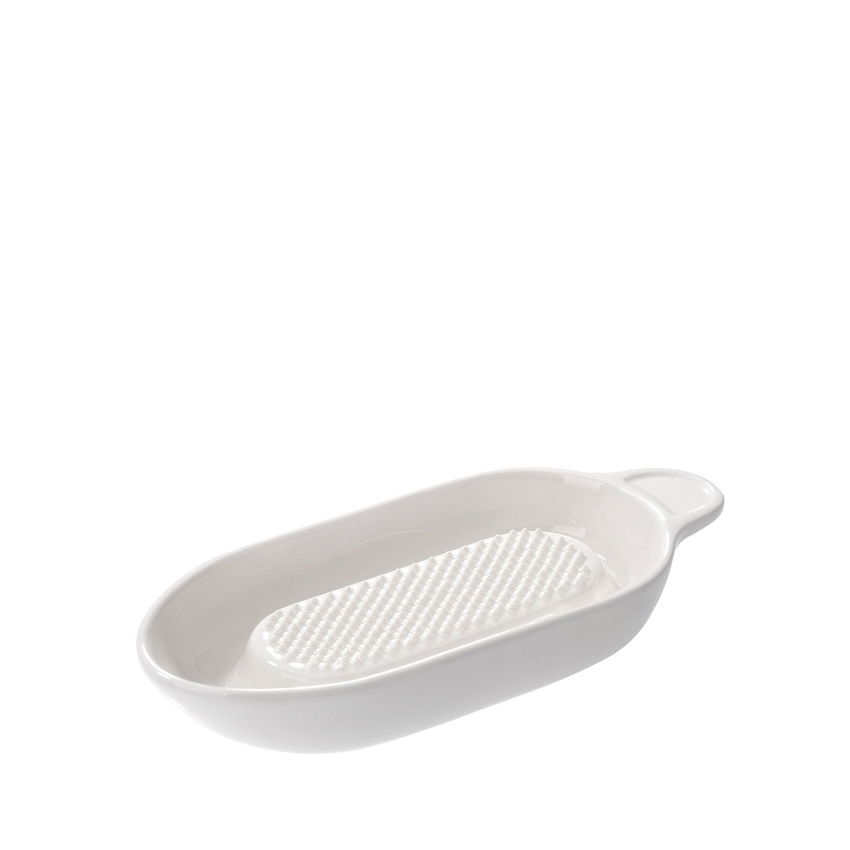 Weiße Keramikreibe mit Griff für Zitronen und Gewürze Weiße ovale Keramikreibe mit Griff, ideal zum Reiben von Zitronen und Gewürzen in der Küche