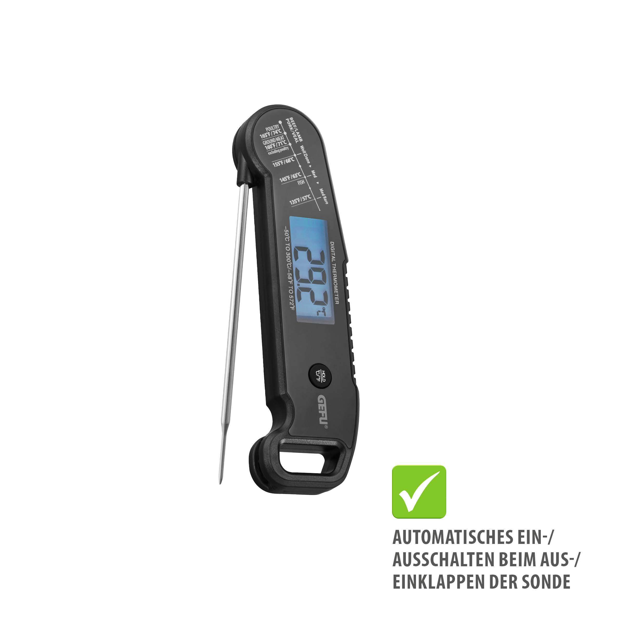 Klappbares Digital-Thermometer AUREMA von GEFU mit einklappbarer Edelstahlsonde, blau beleuchtetem 180°-Display und automatischem Ein- und Ausschalten für Grillen, Braten und Backen