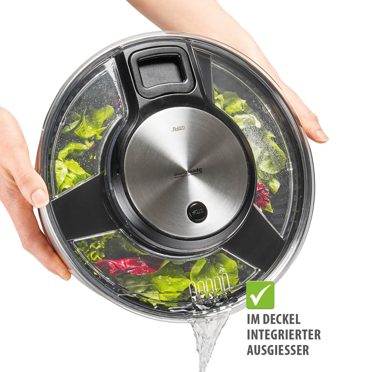 Salatschleuder mit integriertem Ausgießer im Deckel Salatschleuder mit transparentem Deckel und eingebautem Ausgießer für einfaches Abgießen von Wasser
