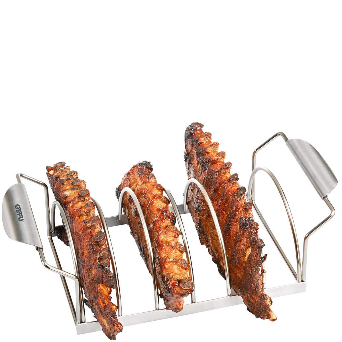 Edelstahl-Rib-Rack für Grill und Backofen Edelstahl-Rib-Rack mit gegrillten Rippchen, ideal für Grill und Backofen