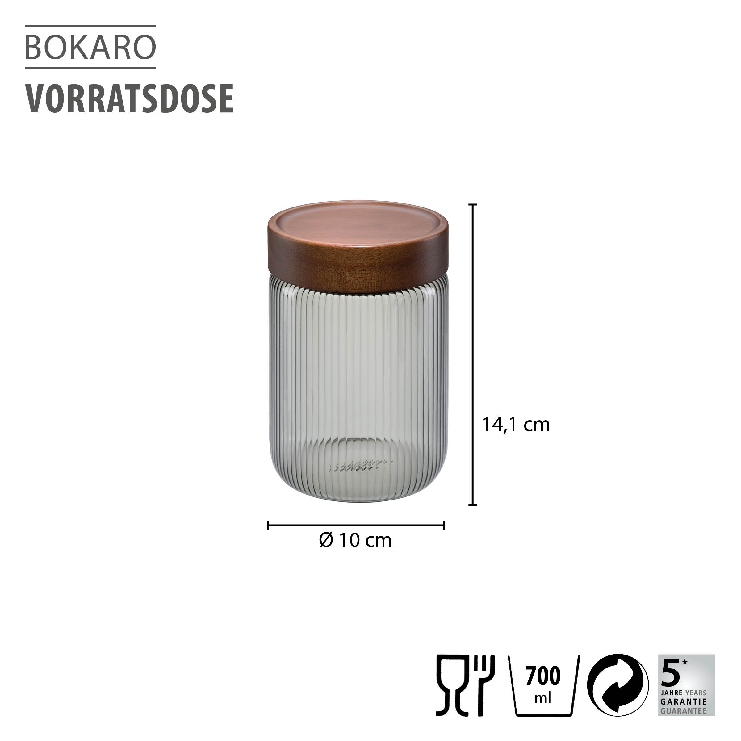 Geriffelte GEFU Vorratsdose BOKARO, 700 ml, aus robustem Borosilikatglas in Smoke Grey mit luftdicht schließendem Holzdeckel und Silikondichtung, ideal zur stilvollen Lebensmittelaufbewahrung
