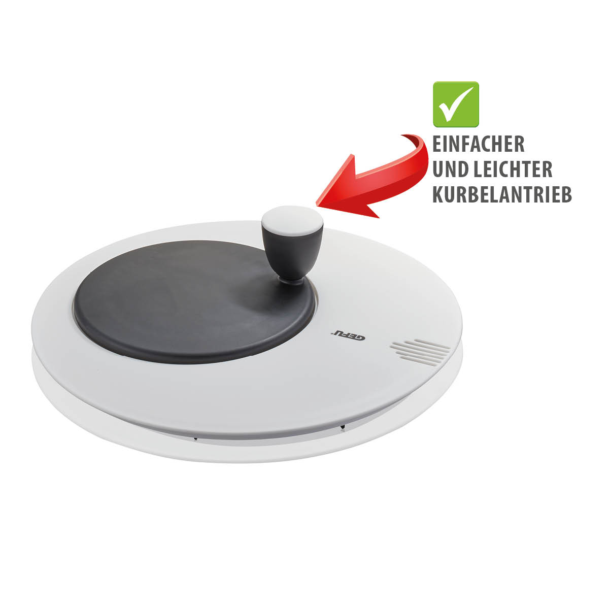 Kreisel mit einfachem Kurbelantrieb für leichtes Drehen Ein Kreisel mit Kurbelantrieb, der das Drehen vereinfacht, hervorgehoben mit einem Pfeil und einem Häkchen-Symbol.