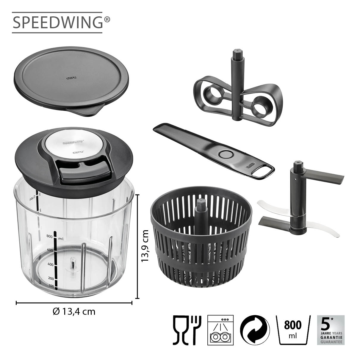SPEEDWING Zerkleinerer-Set, multifunktional, 800 ml, inklusive Zubehör SPEEDWING Zerkleinerer mit Deckel, Schneideinsätzen, Sieb und Rührarm, Volumen 800 ml