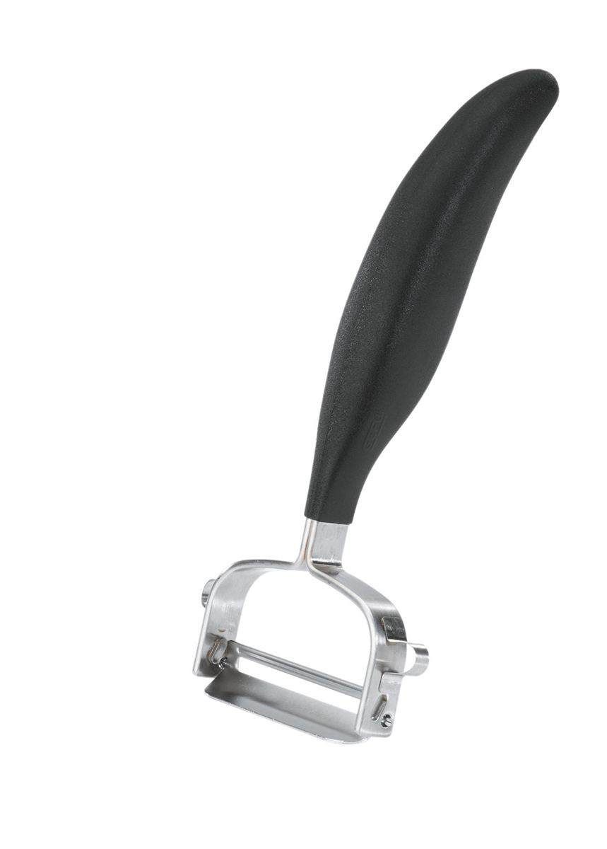 Ergonomischer Kartoffelschäler mit rutschfestem Griff Ein ergonomisch gestalteter Kartoffelschäler mit schwarzem Griff und scharfer Klinge für effizientes Schälen von Gemüse.