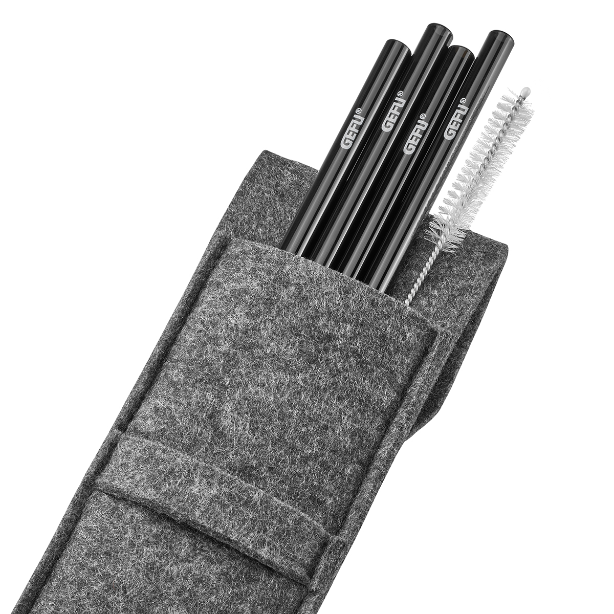 Glass straw FUTURE, black 18 cm, 4 pcs. in felt pouch