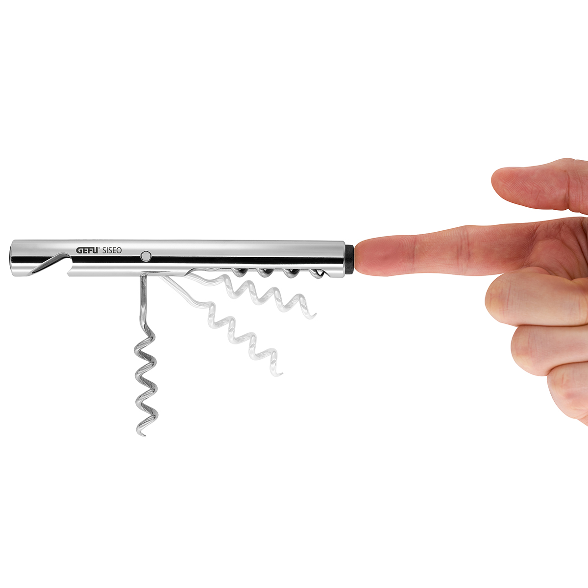 Ein eleganter Korkenzieher aus Edelstahl liegt auf einem Finger, zeigt die Leichtigkeit und Balance des Designs.