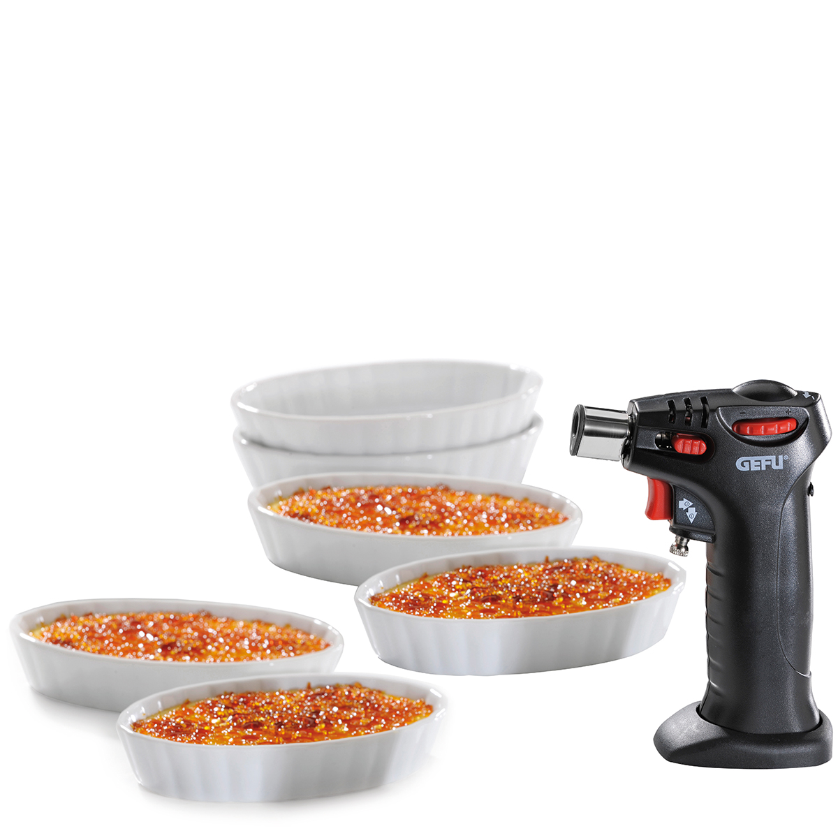 Küchenbrenner Set mit Keramikschalen für Crème Brûlée Küchenbrenner und Keramikschalen mit karamellisierter Crème Brûlée