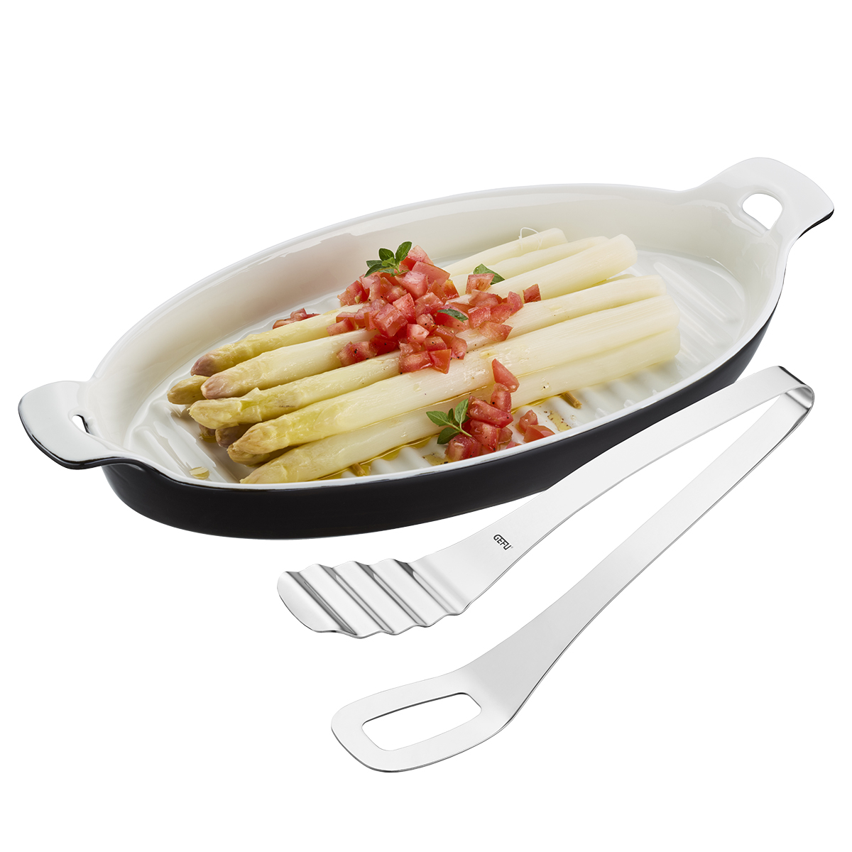 GEFU Servierplatte mit Zange PRESENTO für Spargel