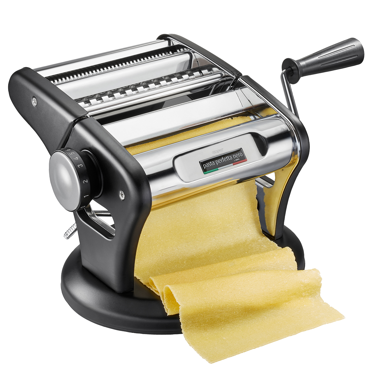 Hochwertige Nudelmaschine für hausgemachte Pasta Nudelmaschine aus Metall mit Handkurbel, die einen frischen Teig ausgibt