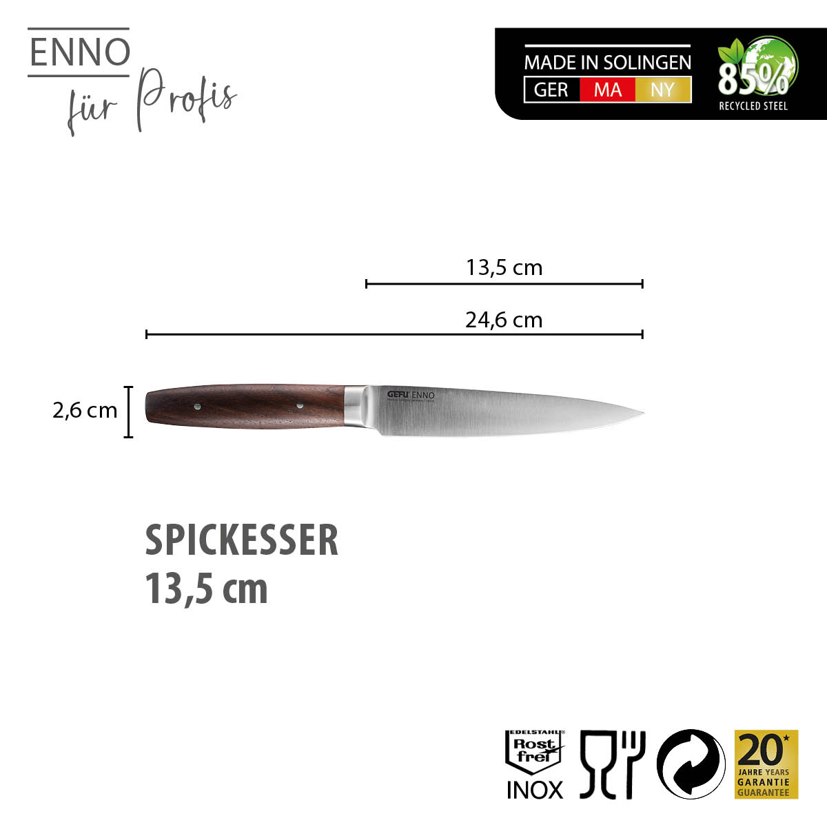 ENNO Spickmesser 13,5 cm aus recyceltem Edelstahl, made in Solingen Spickmesser ENNO 13,5 cm, mit Griff aus Holz, made in Solingen, 85% recycelter Edelstahl, rostfrei