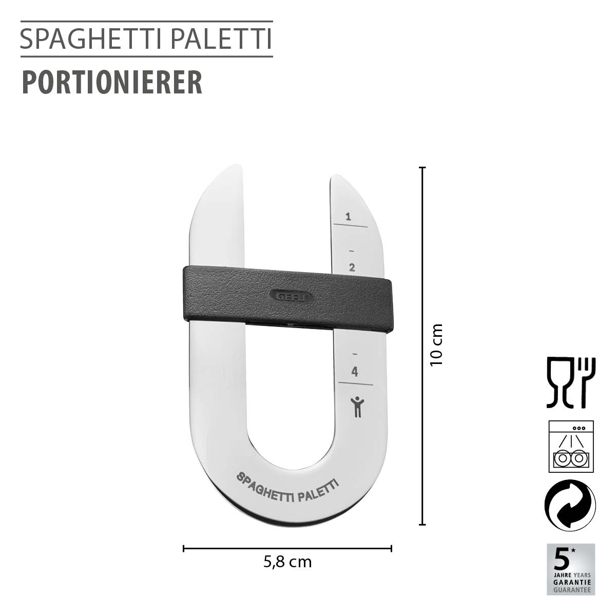 Stilvoller Spaghetti Portionierer aus Metall mit Skala und schwarzem Griff, ideal zur Bestimmung von 1 bis 4 Portionen.