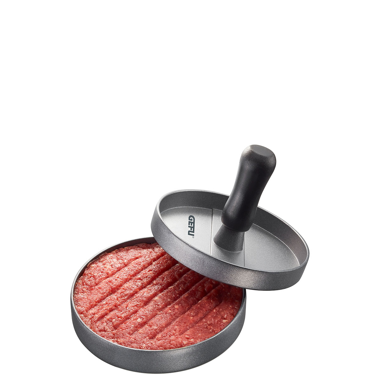 Burgerpresse aus Metall mit geformtem Patty