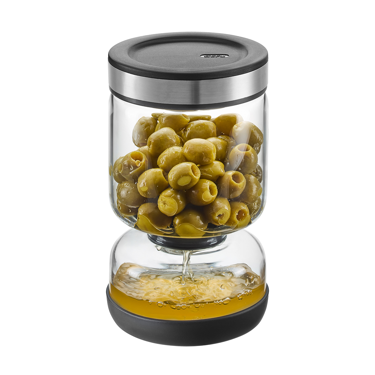 Glasbehälter zum Abtropfen und Aufbewahren von Oliven