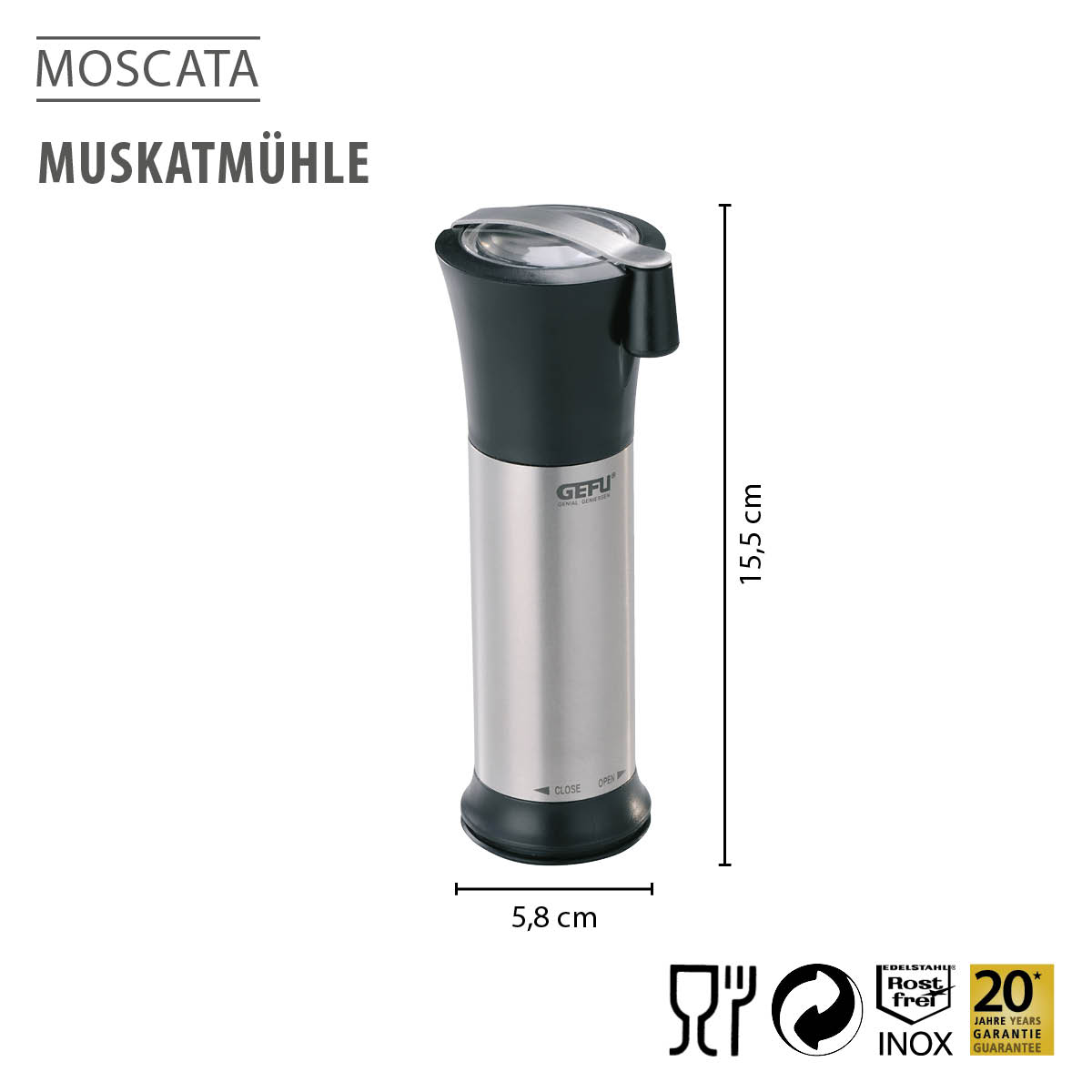 Gefu Moscata Muskatmühle aus Edelstahl, 15,5 cm hoch Gefu Moscata Muskatmühle aus Edelstahl mit einer Höhe von 15,5 cm