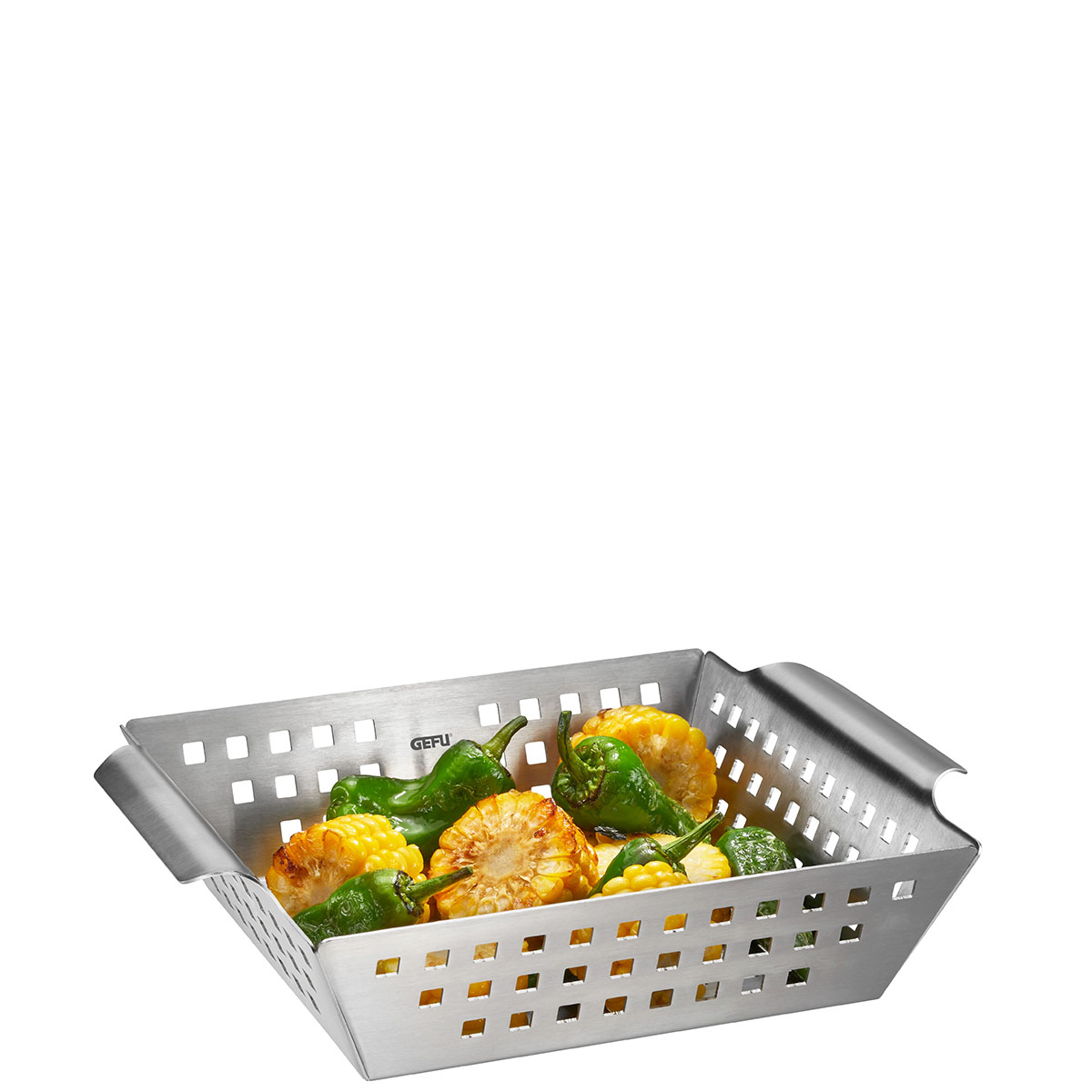 Hochwertiger Grillkorb aus Edelstahl für Gemüse Grillkorb aus Edelstahl mit gegrilltem Gemüse wie Mais und Paprika