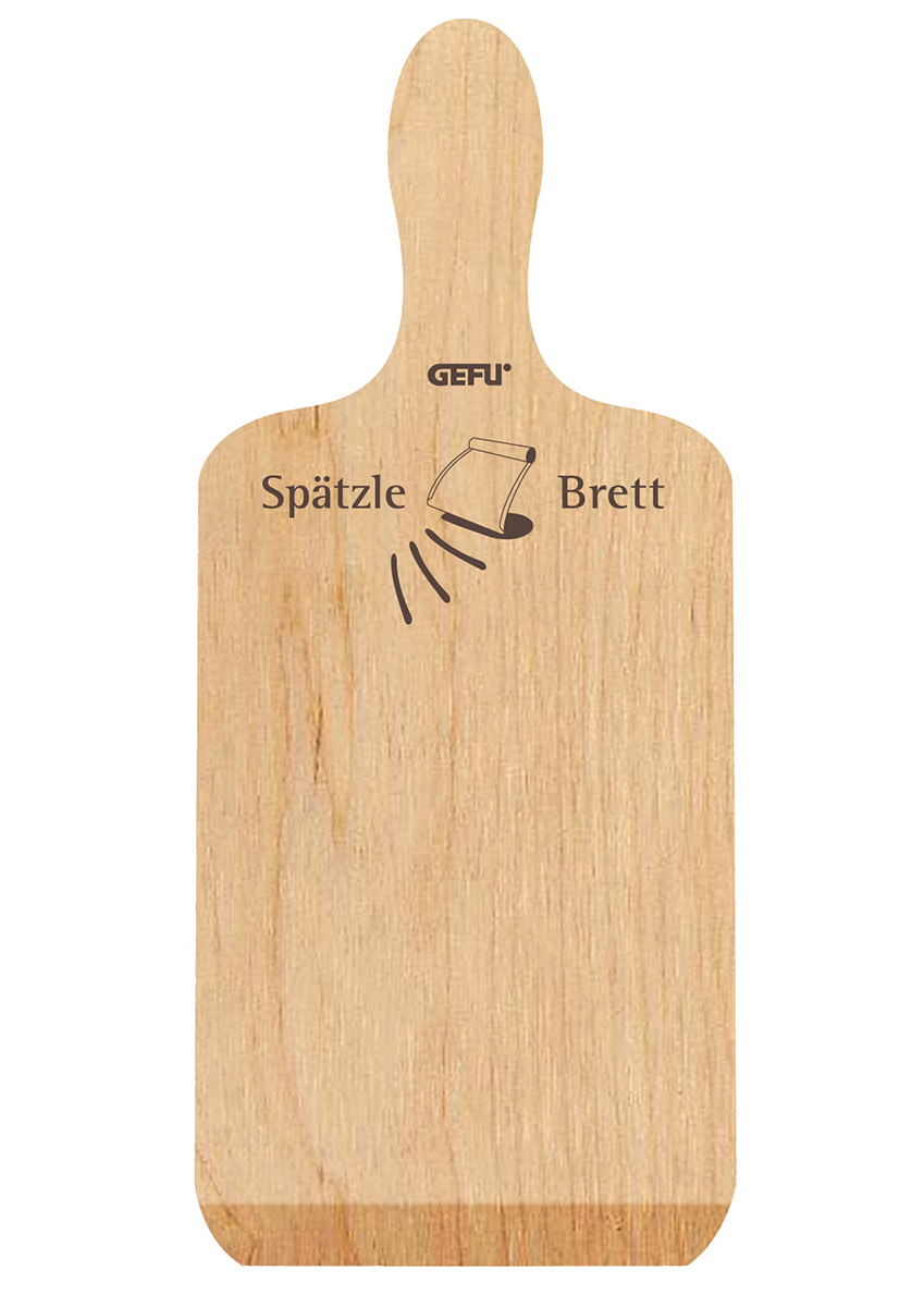 Holz-Spätzlebrett von GEFU für traditionelle Zubereitung Ein Spätzlebrett aus Holz von GEFU zur Herstellung von Spätzle, mit einem speziellen Design für einfaches Arbeiten.