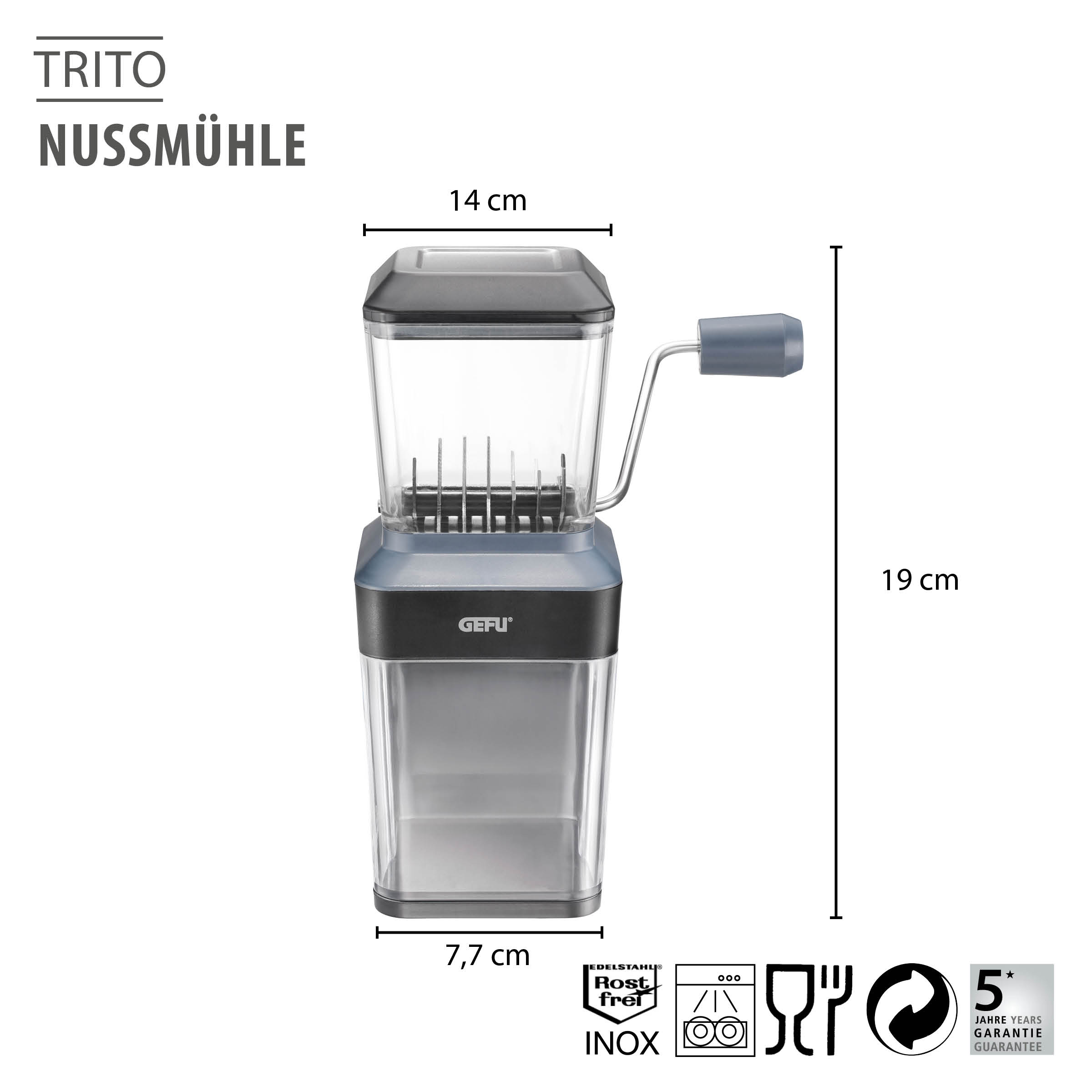 Nussmühle TRITO: Effizient, stromlos, edelstahl