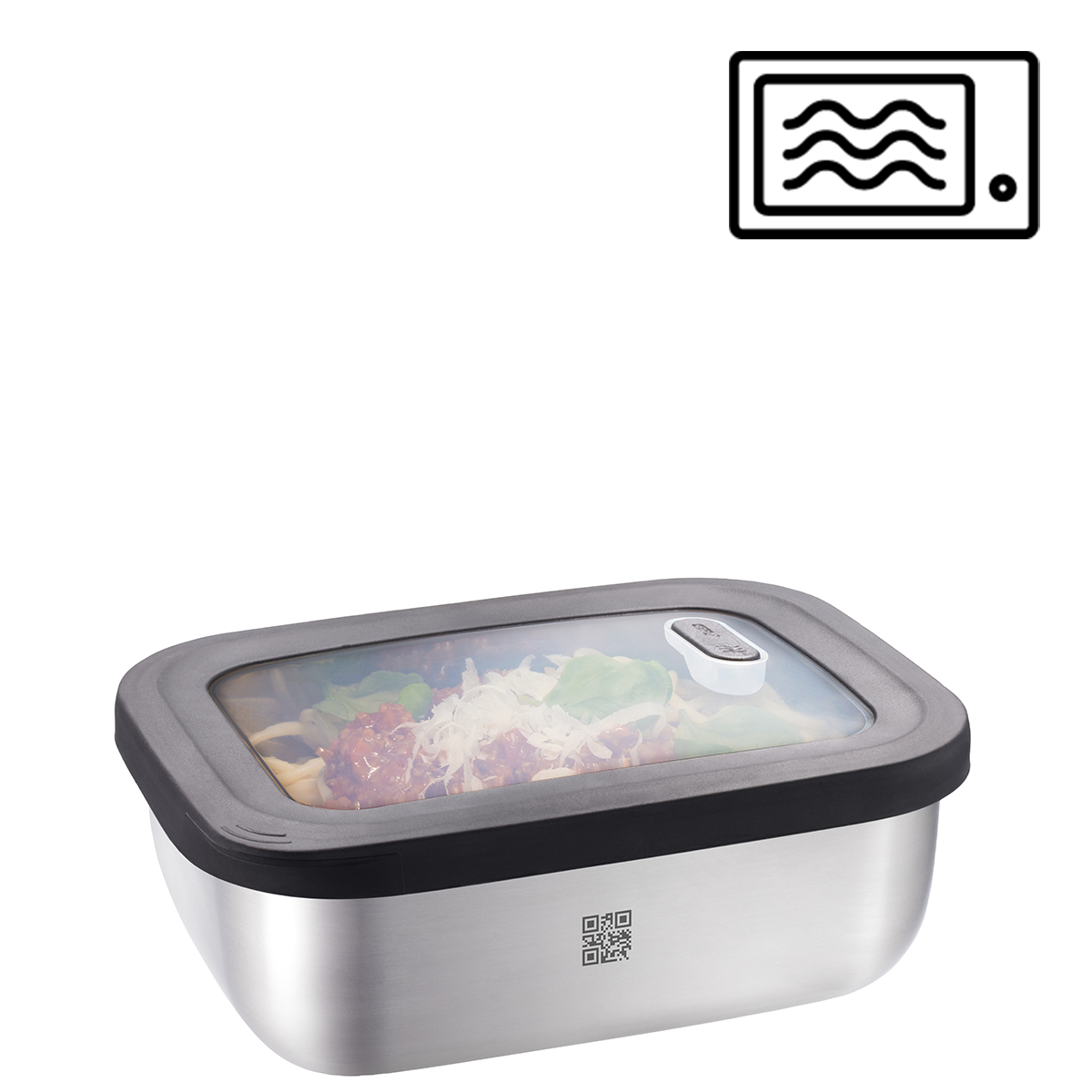 Hochwertige Edelstahl-Lunchbox mit Deckel, geeignet für die Mikrowelle Mikrowellengeeignete Lunchbox aus Edelstahl mit transparentem Deckel und QR-Code