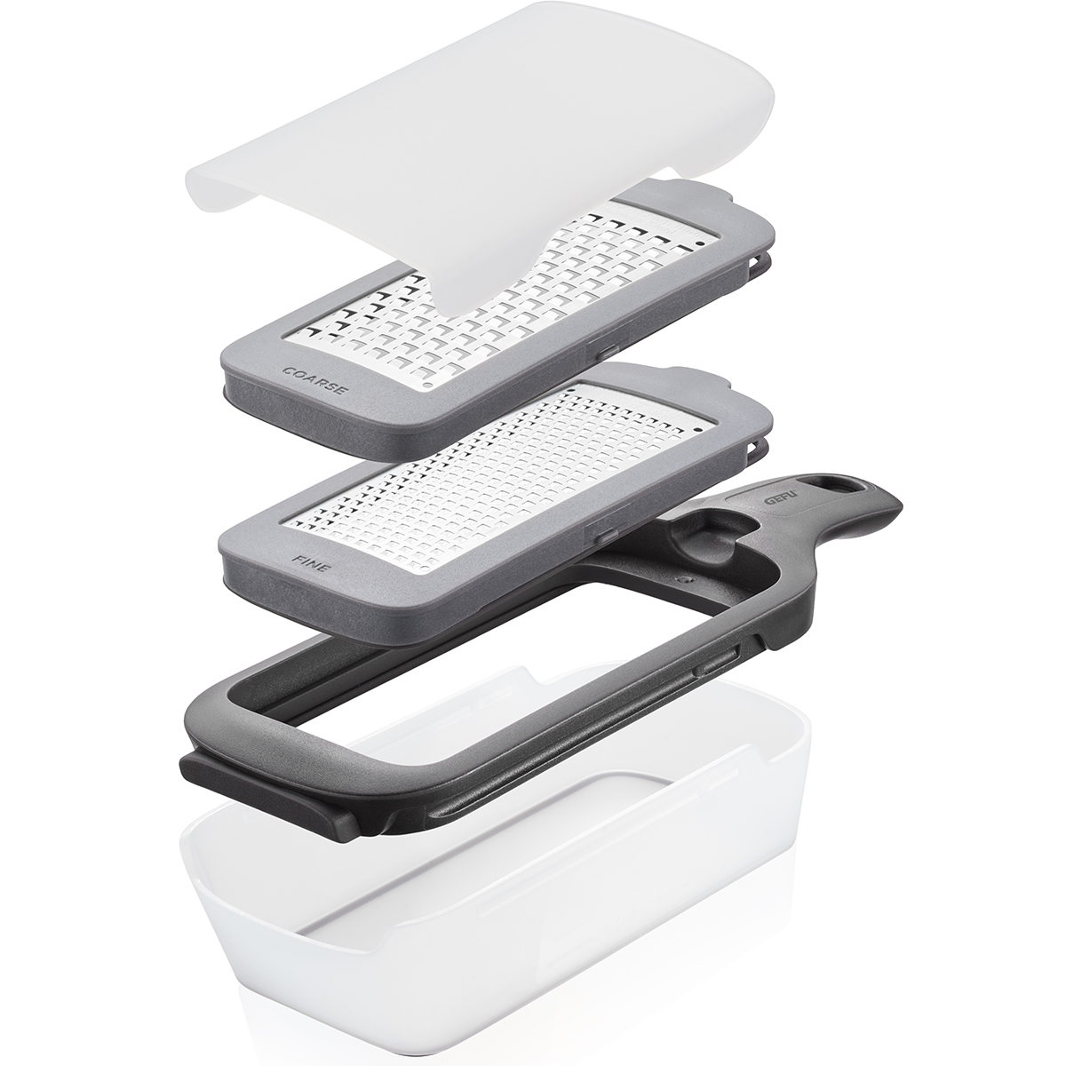 Explosionsansicht der GEFU Fein- und Grobreibe RASPELLA mit