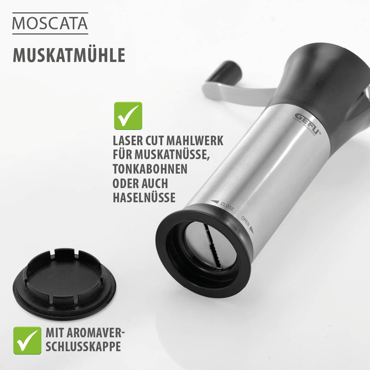 Moscata Muskatmühle mit Laser Cut Mahlwerk und Aromaverschlusskappe Muskatmühle aus Edelstahl mit Laser Cut Mahlwerk, geeignet für Muskatnüsse, Tonkabohnen und Haselnüsse, mit Aromaverschlusskappe.