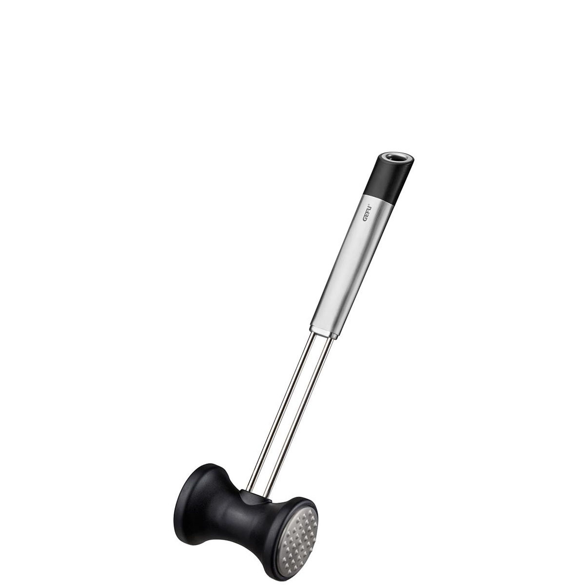 Robuster Fleischklopfer mit ergonomischem Griff Ein moderner Fleischklopfer mit Edelstahlgriff und schwarzem Kopf zum mühelosen Bearbeiten von Fleisch.
