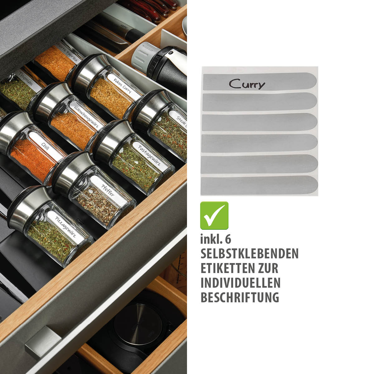 Gewürzgläserset mit Beschriftungsstreifen – ideale Organisation für Ihre Küche Ordentlich eingerichtete Gewürzschublade mit beschrifteten Gläsern und zusätzlichen Beschriftungsetiketten