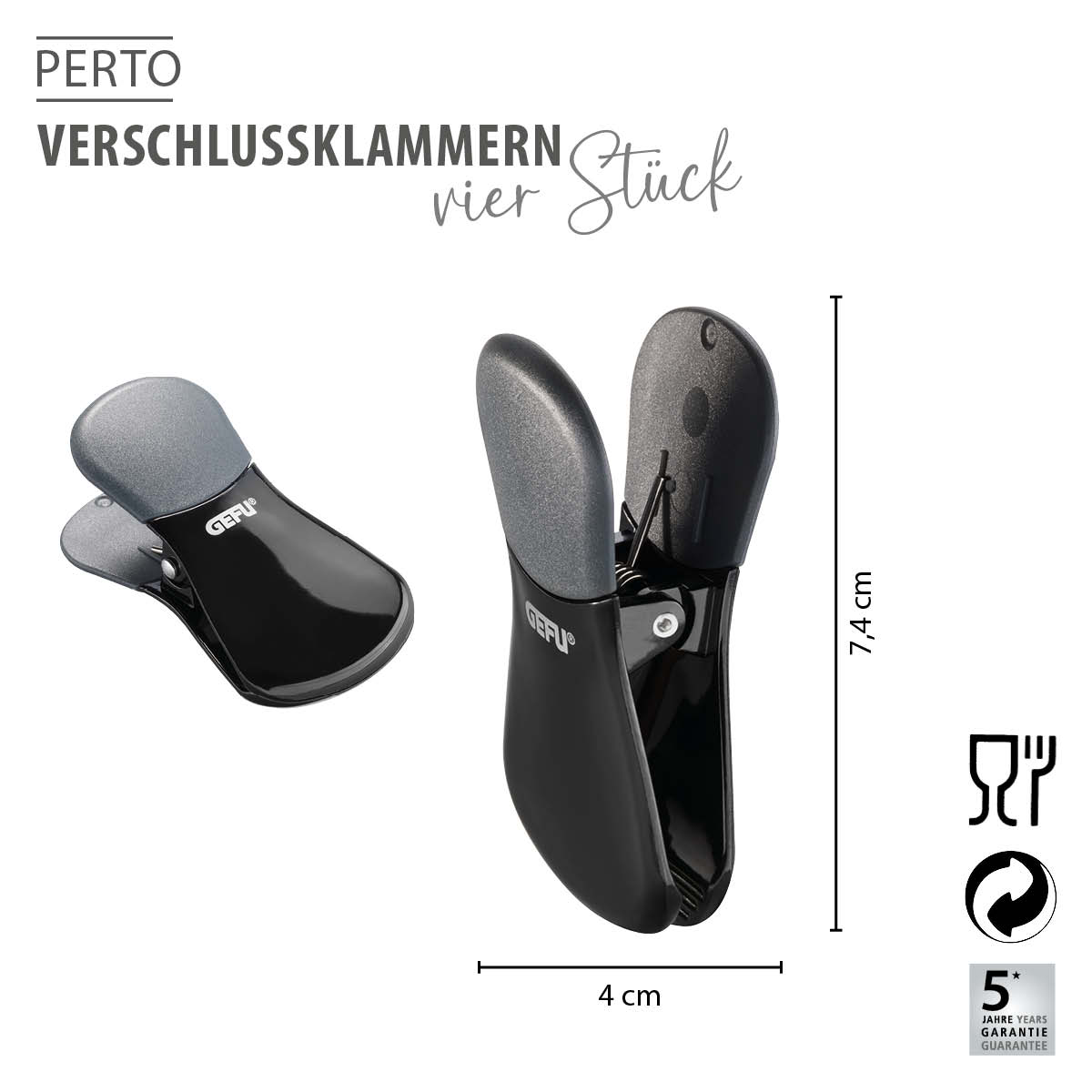 Zwei GEFU Perto Verschlussklammern in Schwarz, 4er Set. Maße: 7,4 cm hoch, 4 cm breit. Perfekt zum Verschließen von Beuteln und Verpackungen.