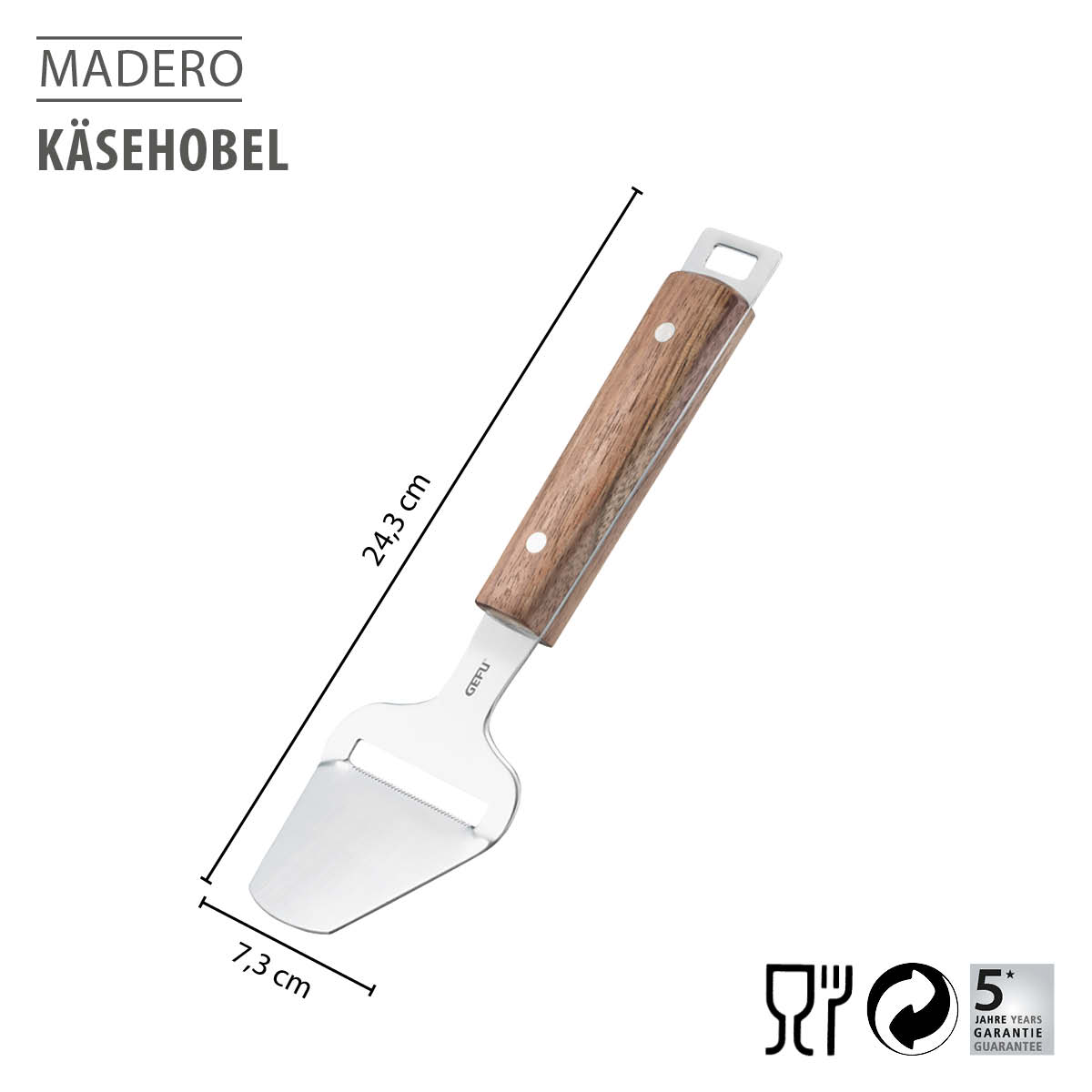 Madero Käsehobel aus Edelstahl mit Holzgriff, Länge 24,3 cm, für feine Käsescheiben geeignet.