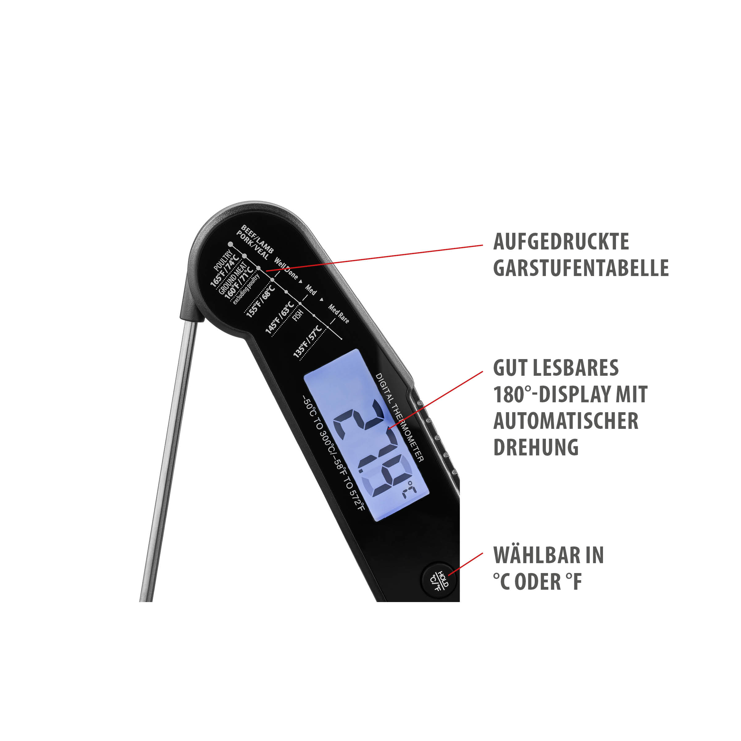 Klappbares Digital-Thermometer AUREMA von GEFU mit einklappbarer Sonde, beleuchtetem 180°-Display, aufgedruckter Garstufentabelle und Temperaturanzeige in °C oder °F von –50 °C bis 300 °C