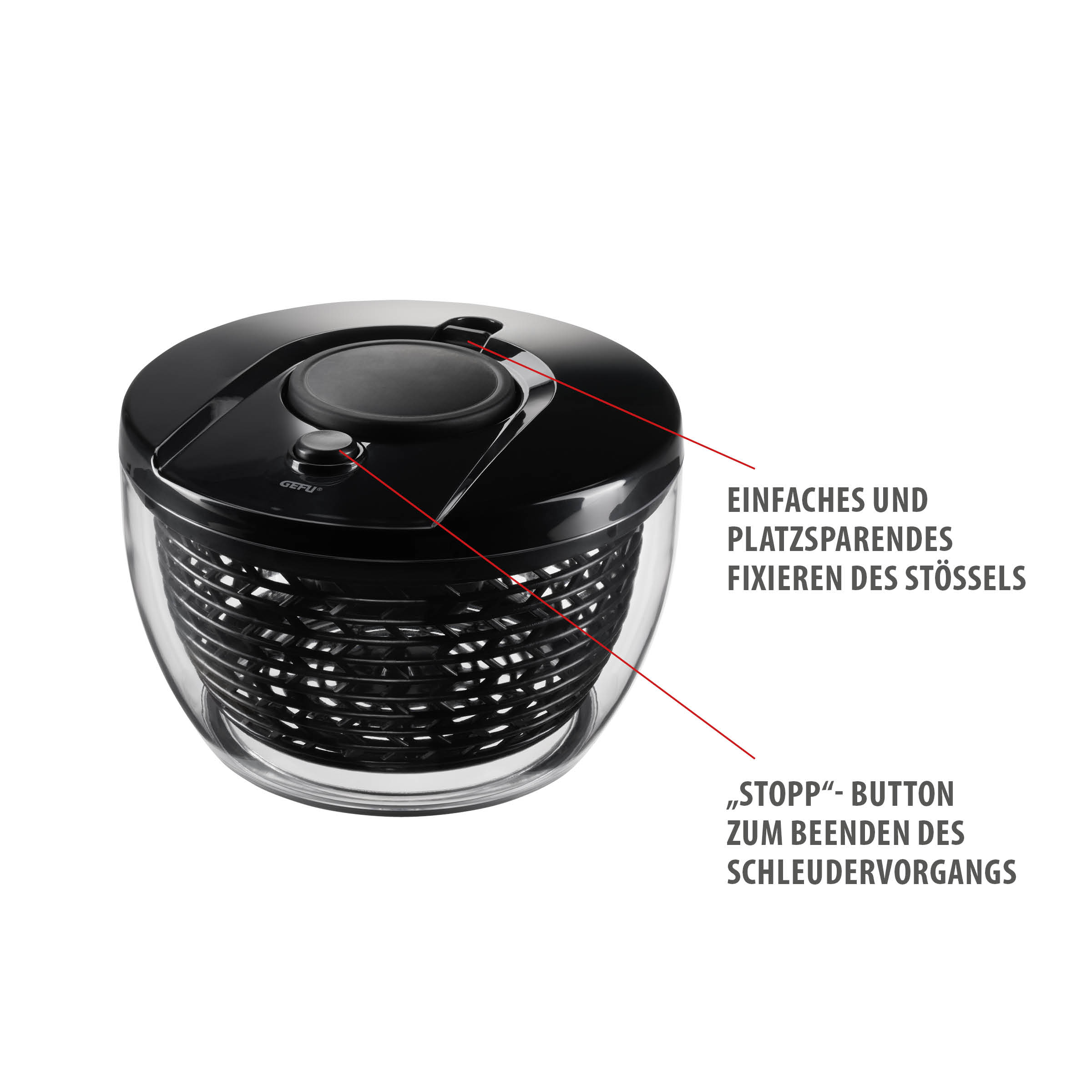 GEFU Salat- und Kräuterschleuder PUSH IT, 3 L, schwarze Kompakt-Salatschleuder mit PUSH-Mechanismus und Stopp-Button zum schonenden Trocknen kleiner Salat- und Kräutermengen
