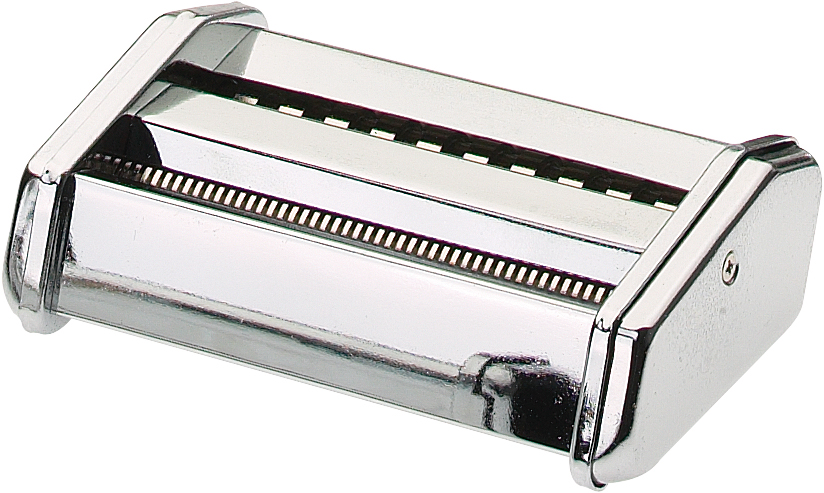 Edelstahl Nudelaufsatz für Pastamaschine Ein glänzender Edelstahl Nudelaufsatz für eine Pastamaschine vor weißem Hintergrund