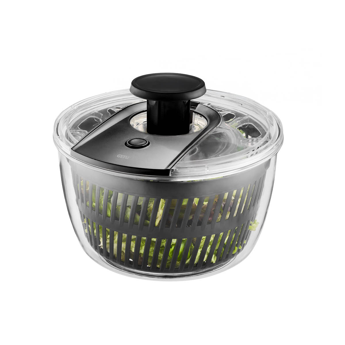 Professionelle Salatschleuder aus hochwertigem Kunststoff Salatschleuder aus durchsichtigem Kunststoff mit schwarzem Drehmechanismus