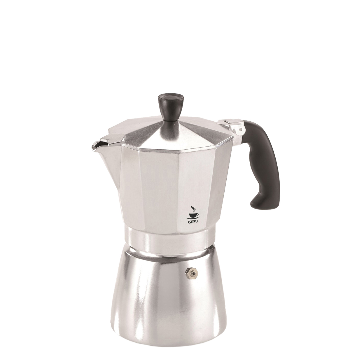 Klassische Espressokanne aus Edelstahl mit schwarzem Griff Espressokanne aus Edelstahl mit schwarzem Griff, ideal für aromatischen Kaffee