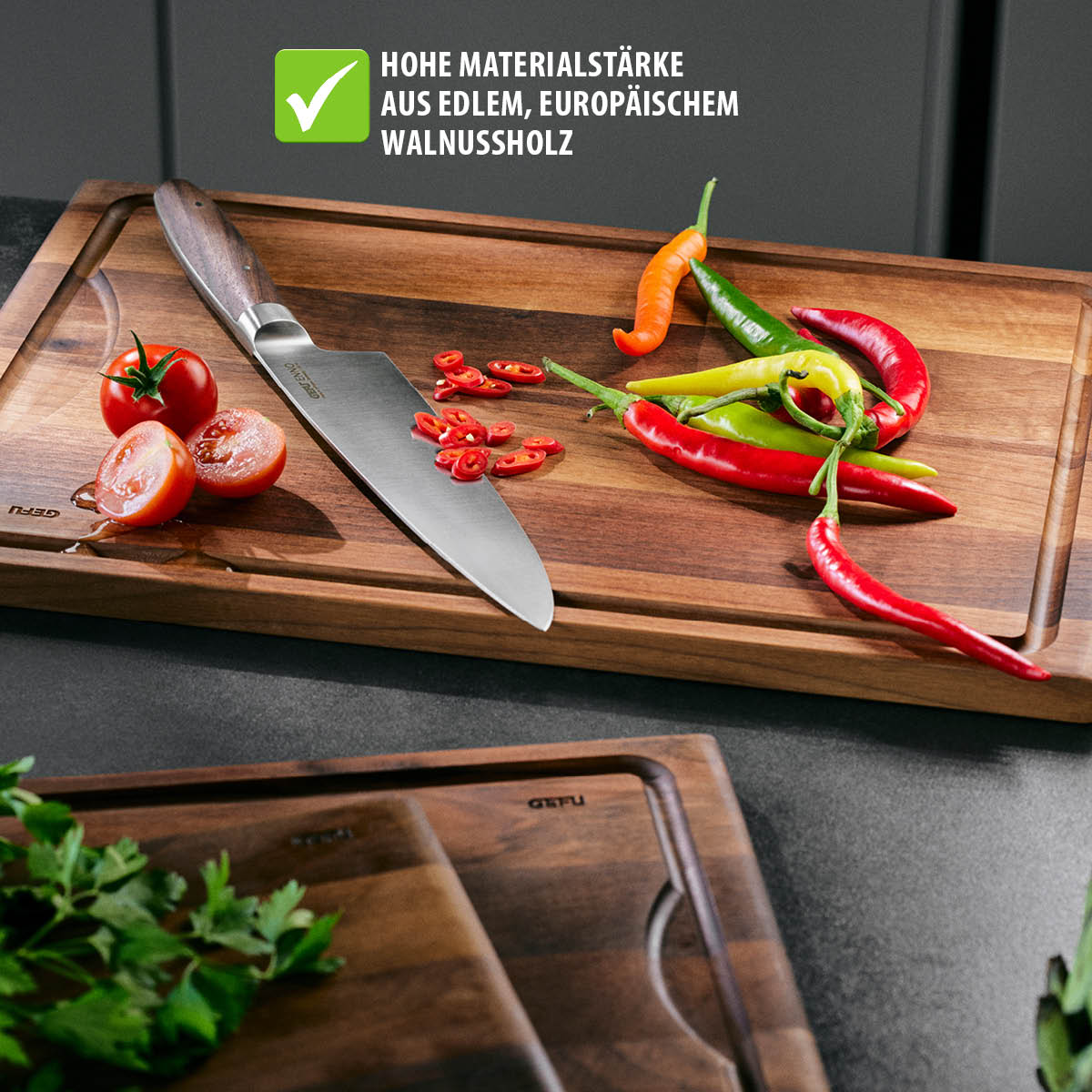 Chopping board ENNO, large with juice groove, walnut wood