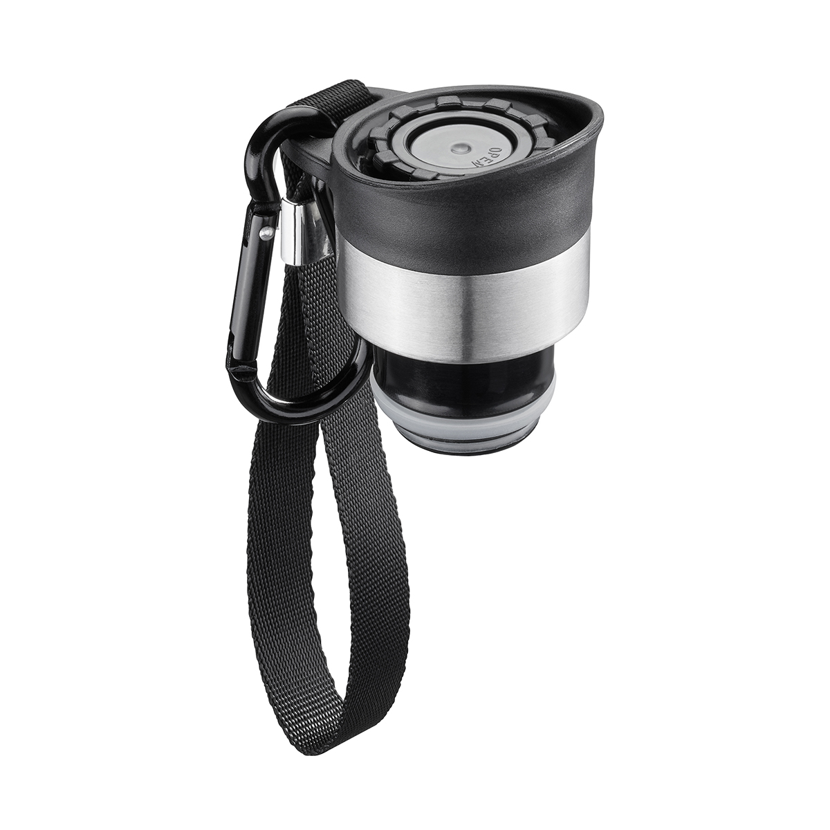 Isolierter Edelstahldeckel mit Karabiner und Trageband Isolierter Edelstahldeckel mit Karabinerhaken und schwarzem Trageband, ideal für unterwegs