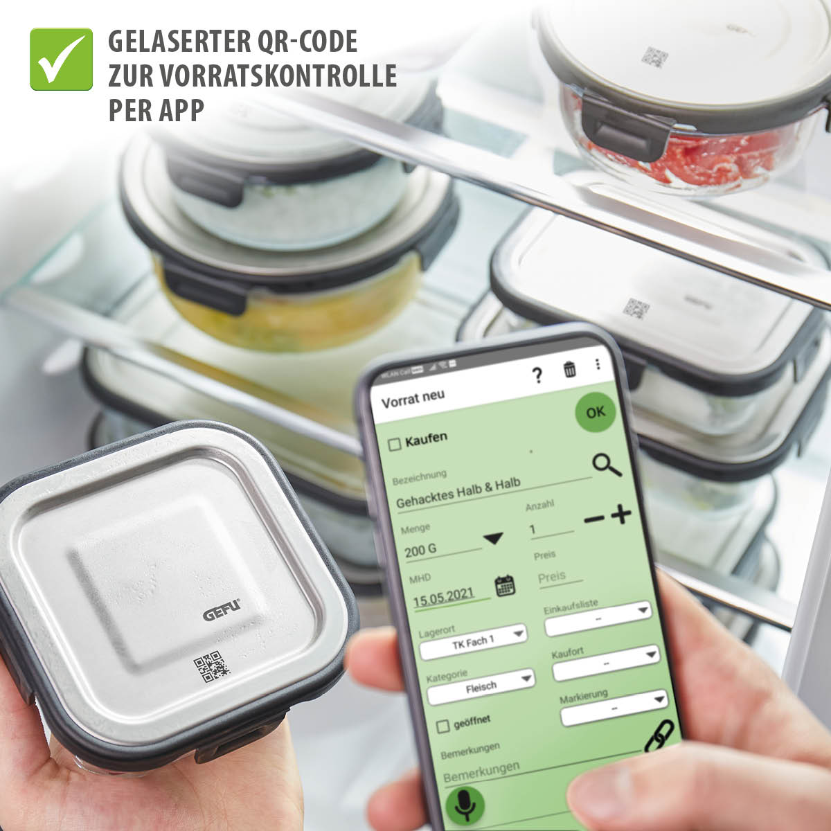 Food storage container MILO, rectangular, 1500 ml (Freshness control and stock checks via app)