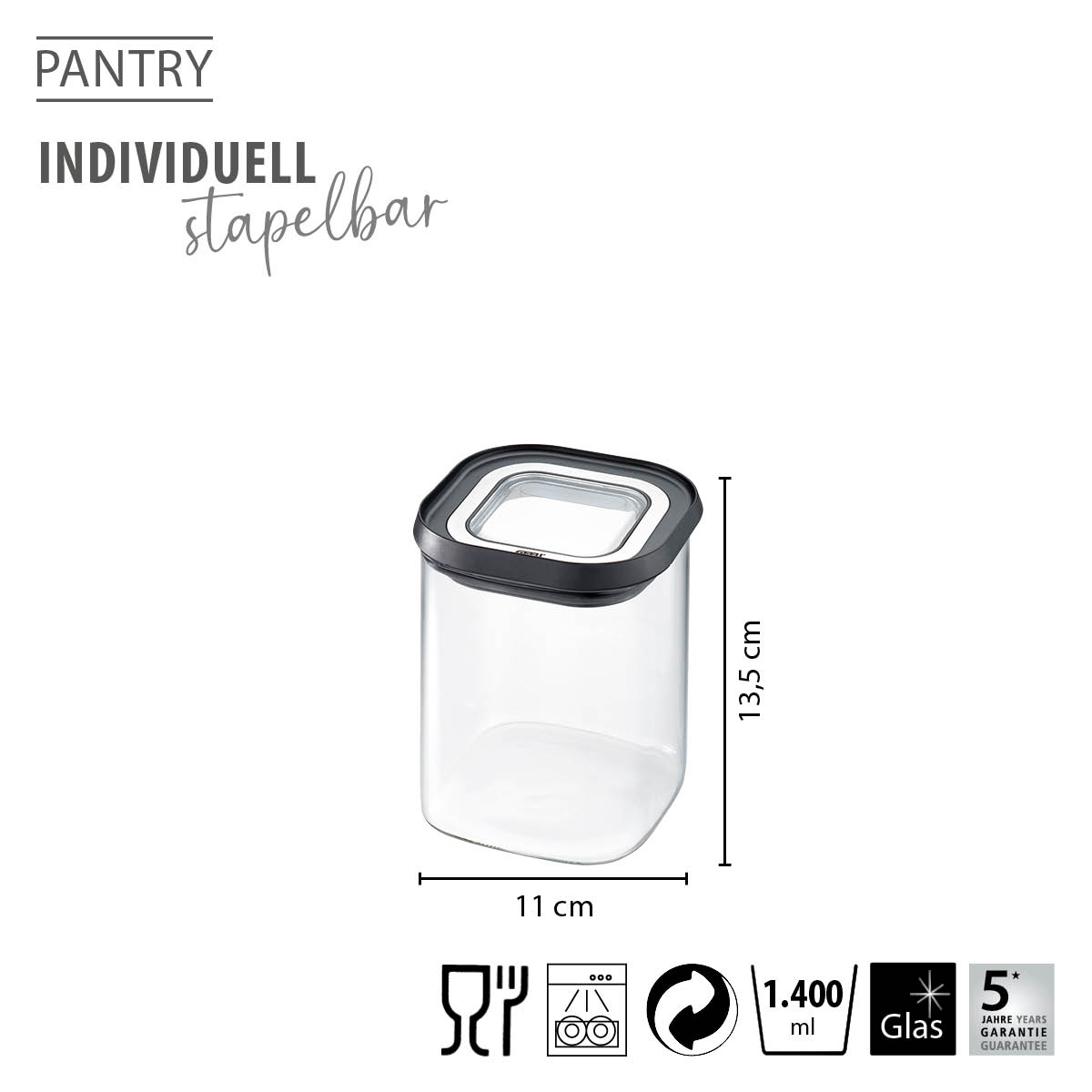 Pantry-Gefäß 1,4 L - stapelbar und individuell, 13,5 cm hoch Transparenter, stapelbarer Vorratsbehälter aus Glas mit schwarzem Deckel. Fassungsvermögen: 1,4 Liter, Höhe: 13,5 cm, Breite: 11 cm. Spülmaschinengeeignet, 5 Jahre Garantie.