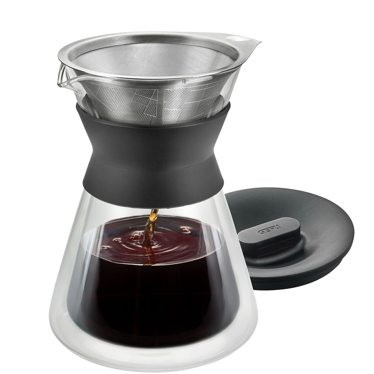 Kaffeezubereiter mit Edelstahlfilter und Glaskanne Ein moderner Kaffeezubereiter mit abnehmbarem Edelstahlfilter und einer Glaskanne, ideal für frisch gebrühten Kaffee.