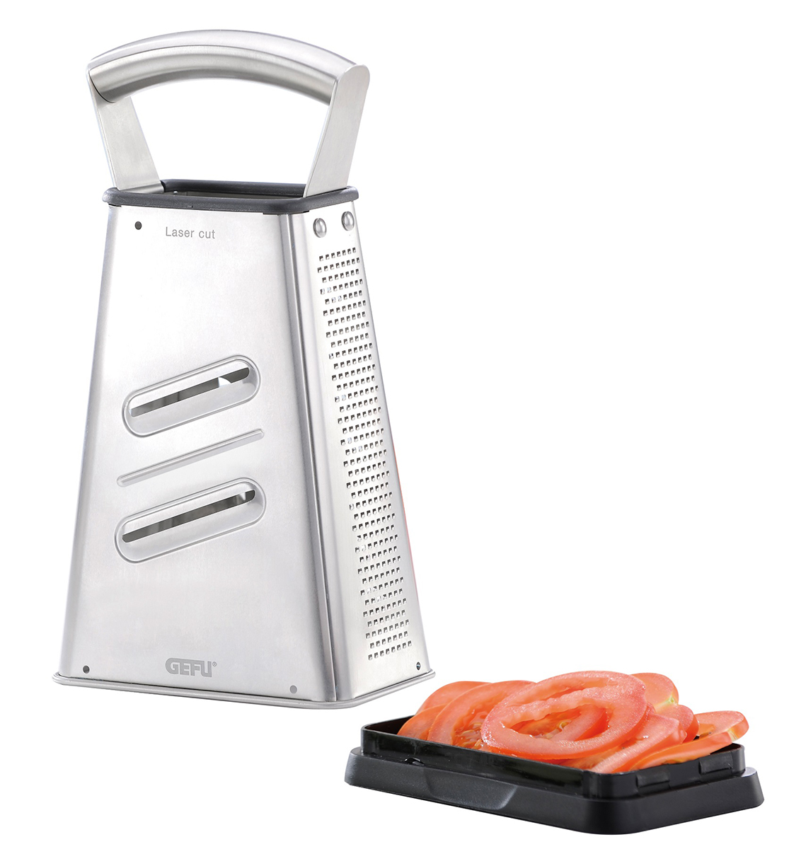 Edelstahl-Küchenreibe mit praktischer Auffangschale Eckige Edelstahl-Küchenreibe mit vier Seiten, inklusive Auffangschale mit geschnittenen Zwiebelringen