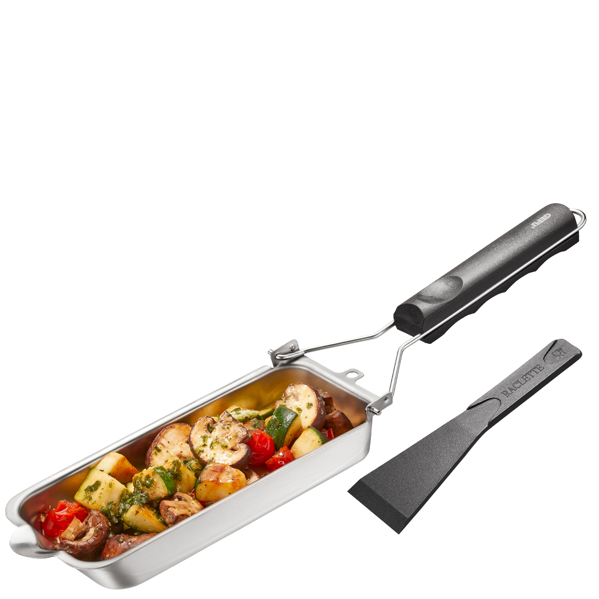 Raclette-Pfännchen aus Edelstahl mit Kunststoffspachtel Raclette-Pfännchen aus Edelstahl gefüllt mit Gemüse, inklusive Kunststoffspachtel