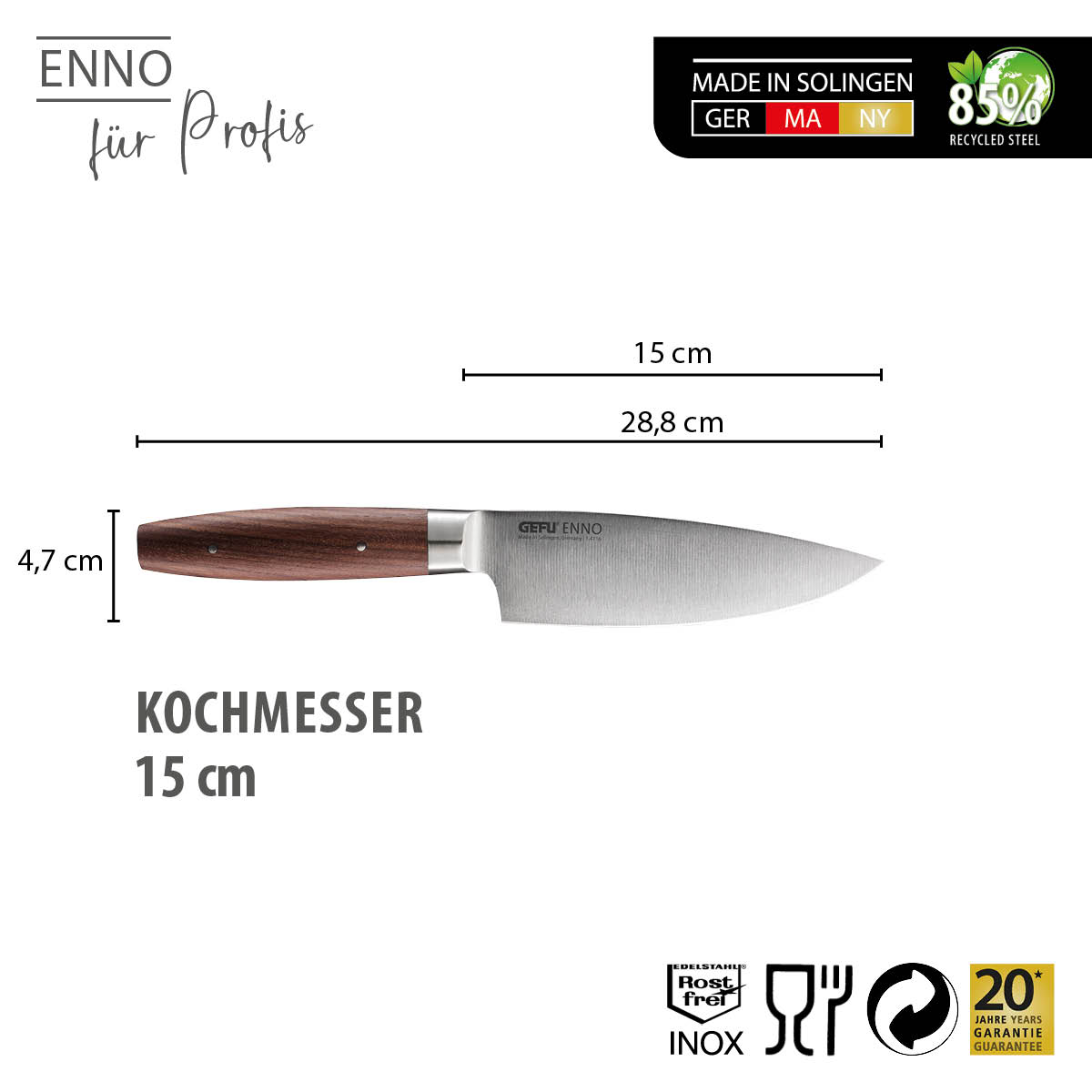 Kochmesser 15 cm mit Holzgriff, ENNO für Profis, hergestellt in Solingen, rostfreier INOX-Stahl, 20 Jahre Garantie