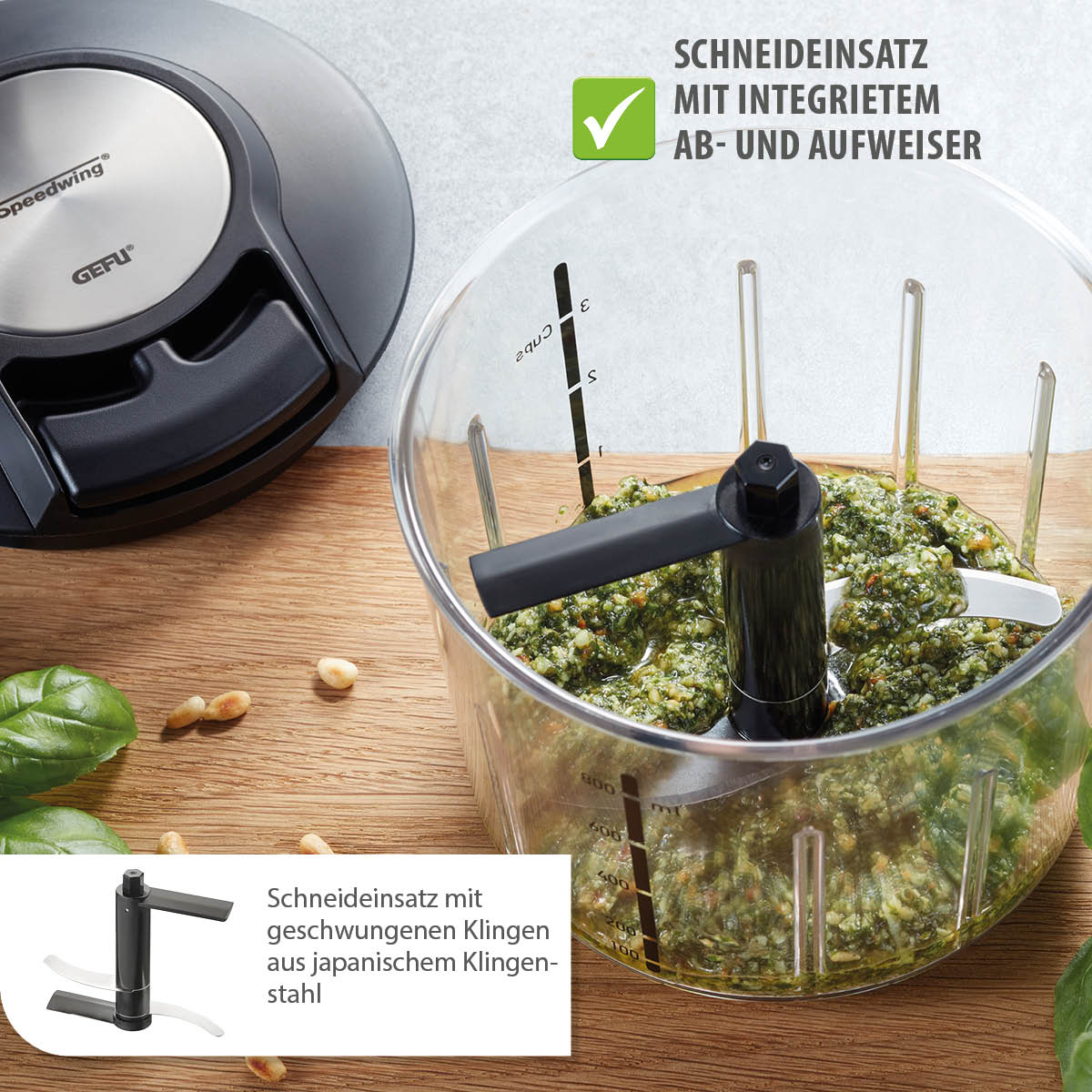 Speedwing mit Schneideinsatz und integriertem Abweiser Gefu Speedwing Küchenhelfer mit Schneideeinsatz und Pesto