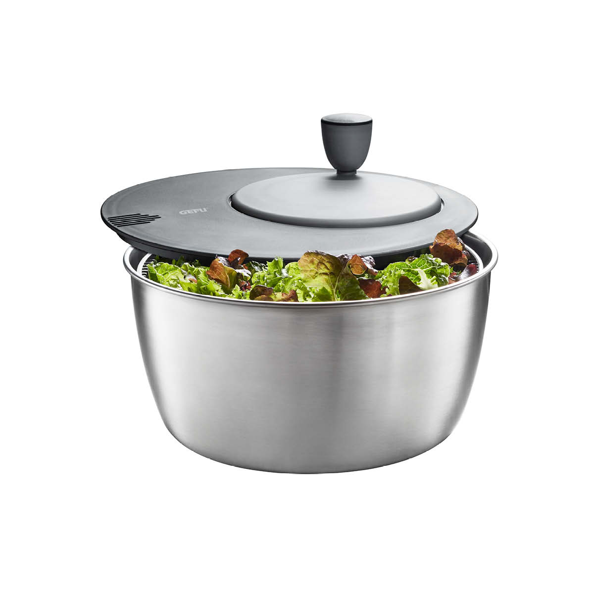 Salatschleuder mit Edelstahl-Schüssel und grauem Deckel, gefüllt mit frischem Salat