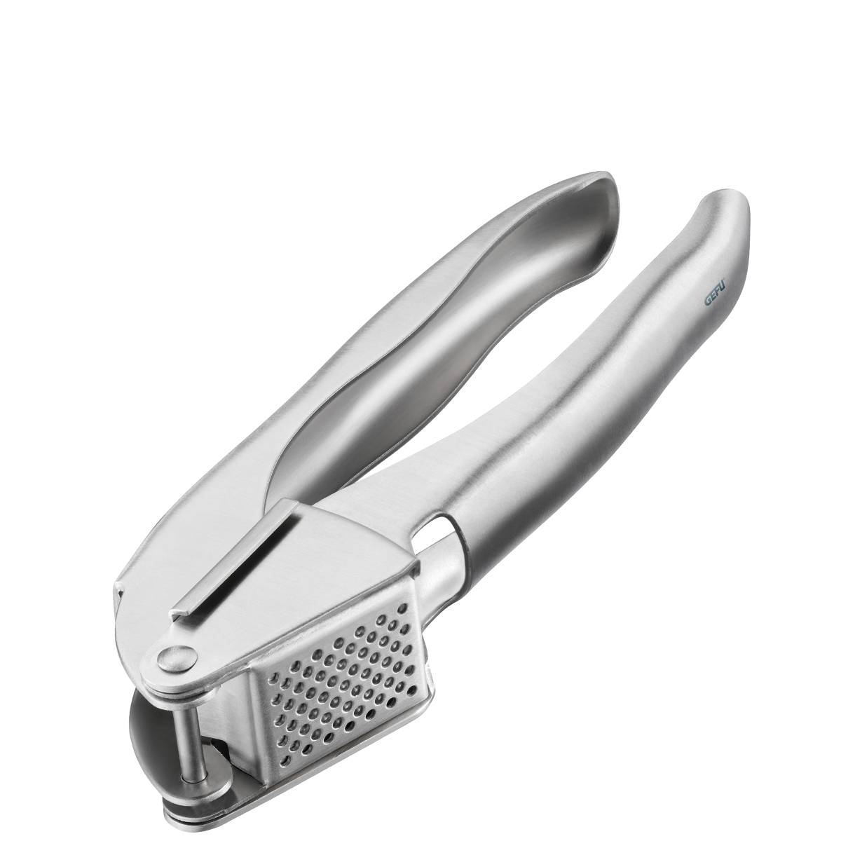 Nahaufnahme einer silbernen Edelstahl Knoblauchpresse mit ergonomischem Griff