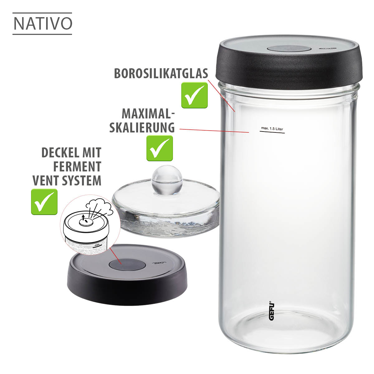 Fermentationsglas aus Borosilikat mit Ventilsystem, 1,5 Liter Ein robustes Fermentationsgefäß aus Borosilikatglas mit einem Deckel, der ein Fermentationsventilsystem enthält und ein Volumen von maximal 1,5 Litern bietet.