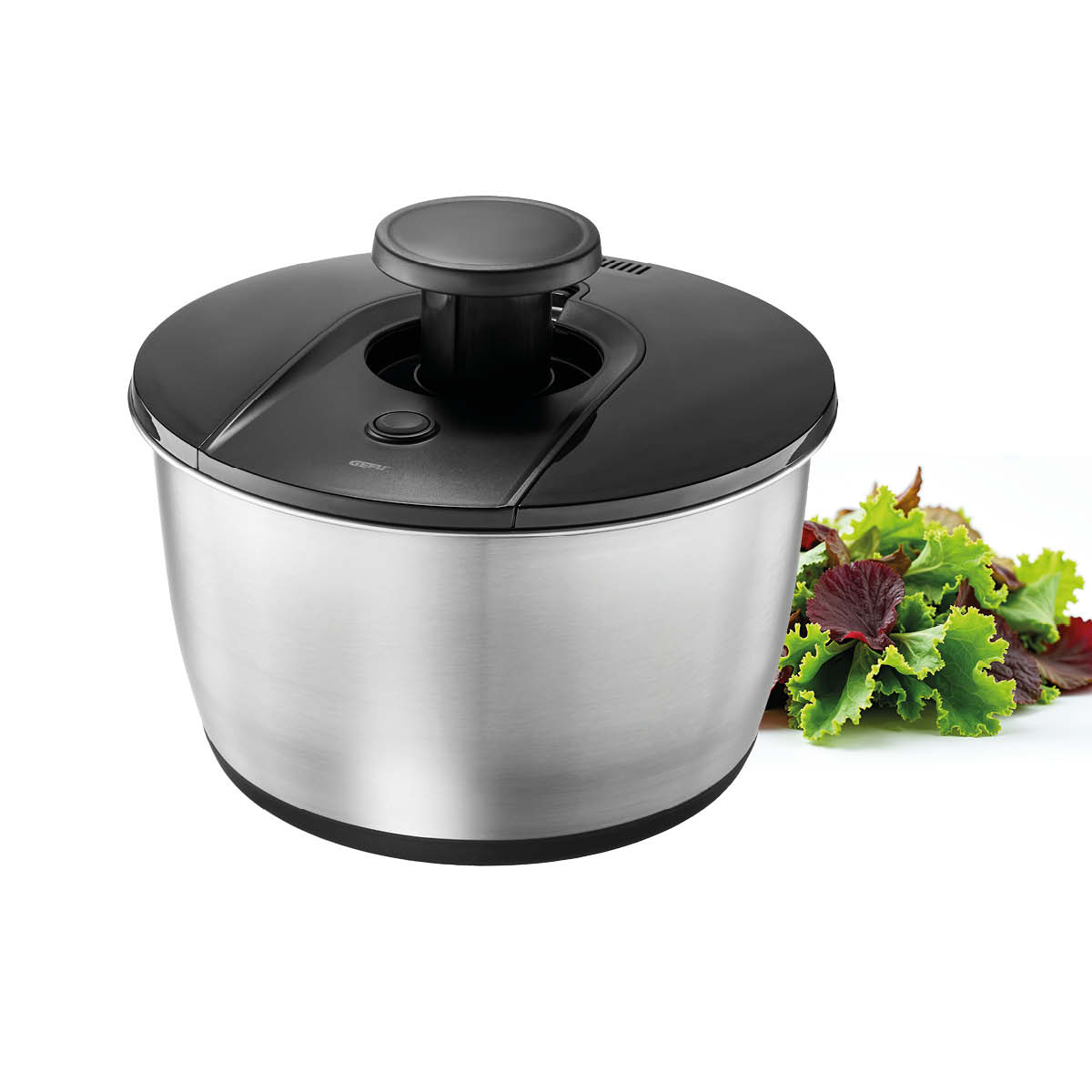 Edelstahl-Salatschleuder mit schwarzem Deckel Salatschleuder aus Edelstahl mit schwarzem Deckel und frischem Blattsalat im Hintergrund