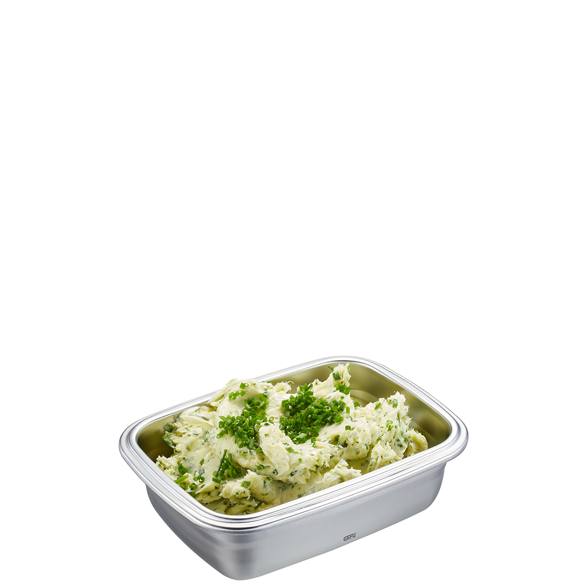 Edelstahlbehälter mit Kräuterbutter Edelstahlbehälter gefüllt mit cremiger Kräuterbutter, garniert mit frischem Schnittlauch