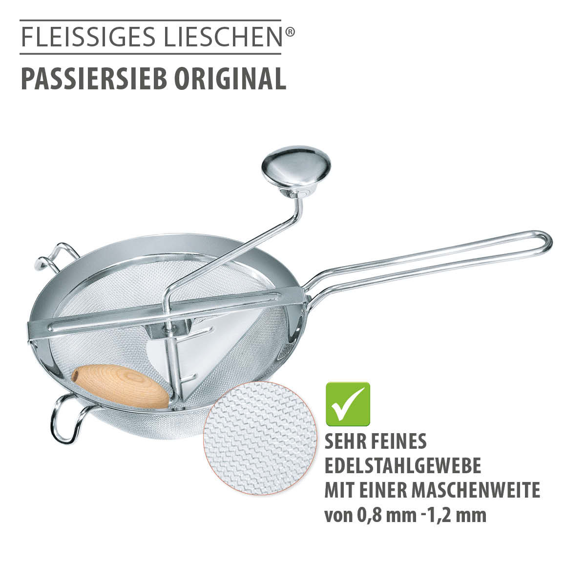 Fleißiges Lieschen Passiersieb Original aus Edelstahl für feines Passieren Passiersieb Original aus Edelstahl mit feinem Gewebe und Holzgriff, Fleißiges Lieschen Marke