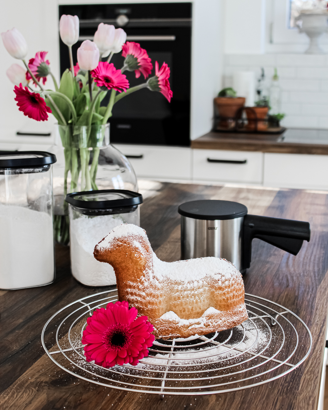Osterlamm Ein Osterlamm-Kuchen mit Puderzucker dekoriert auf einem Kuchengitter, umgeben von einer pinken Blume und Backzubehör in einer modernen Küche.